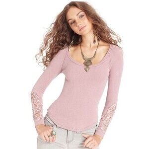 Free People Pink Synergy Cuff Thermal Sweatshirt Laced Details Cuffs Medium M